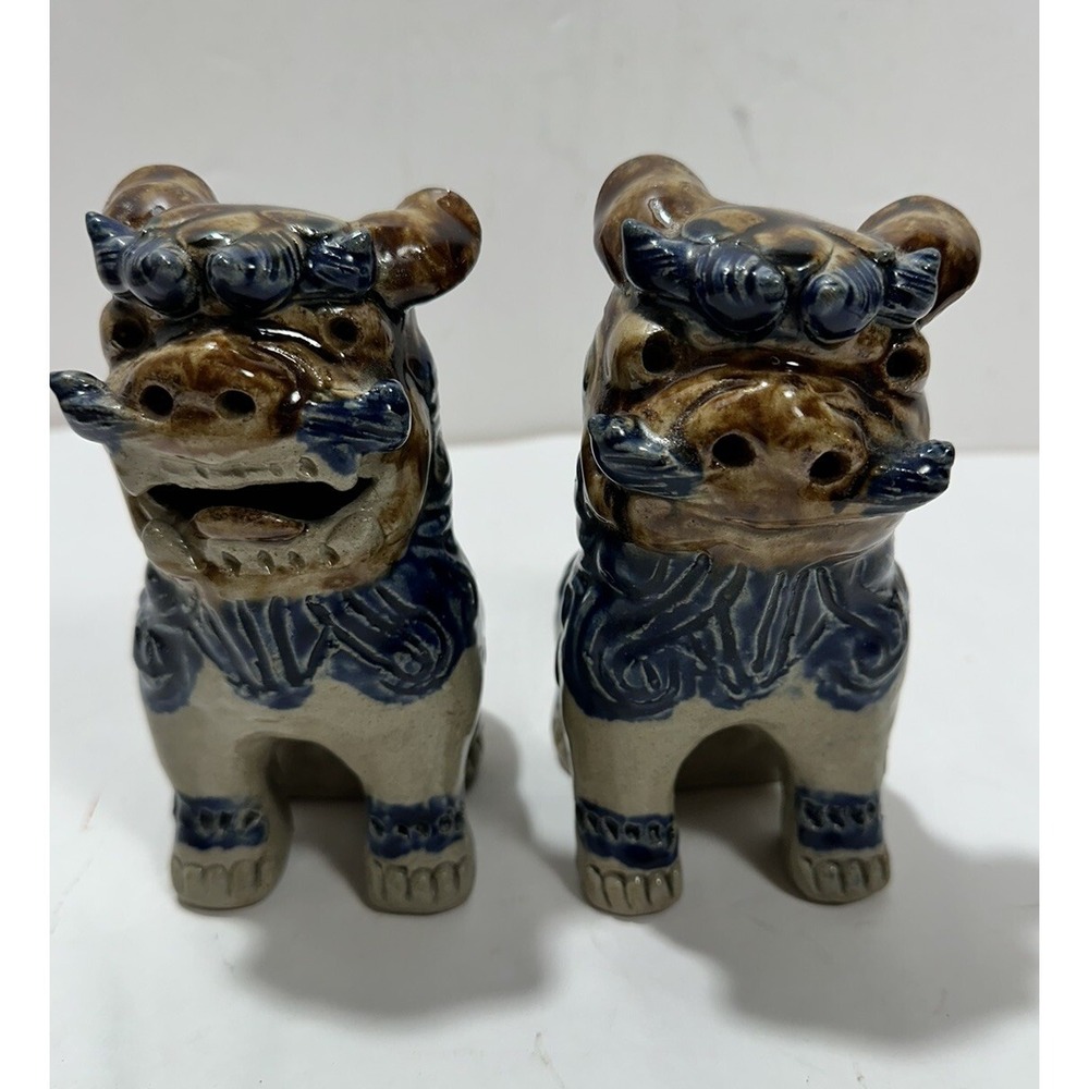Vintage Japanese Foo Dogs Ceramic Pair Blue‎ 6 Inch Figurine